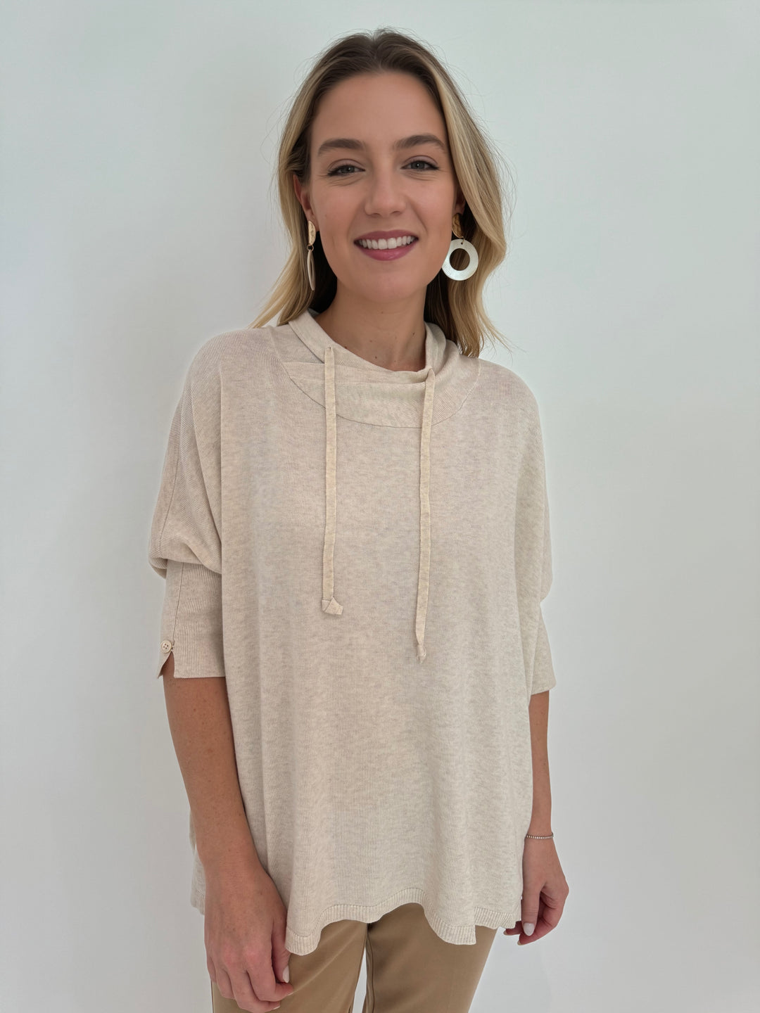 Repeat Short Sleeve Hoodie String Sweater - Ivory