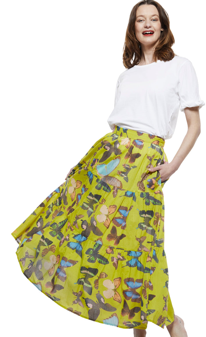 Woodstock Pull-On Skirt - Chartreuse with Butterflies