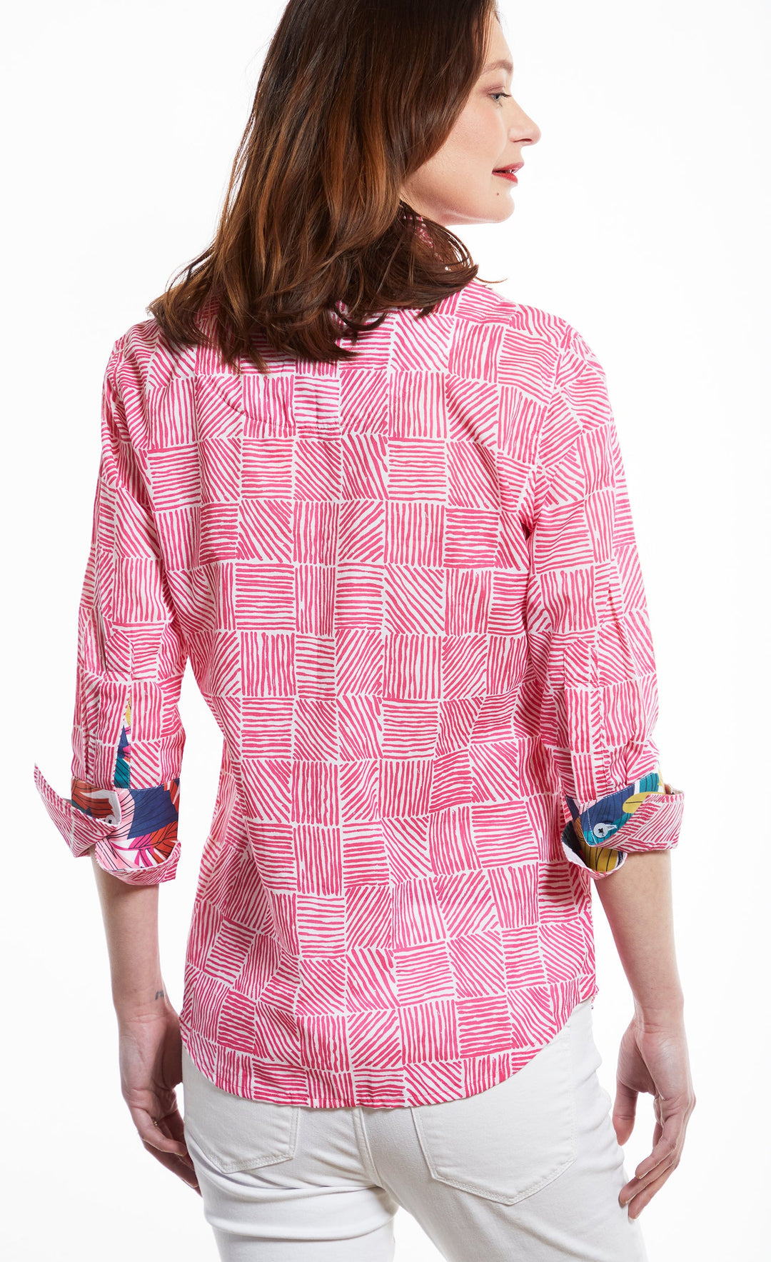 Rome Shirt 3/4 Sleeve in Fuschia with White Criss Cross Print XS / 4023-M507