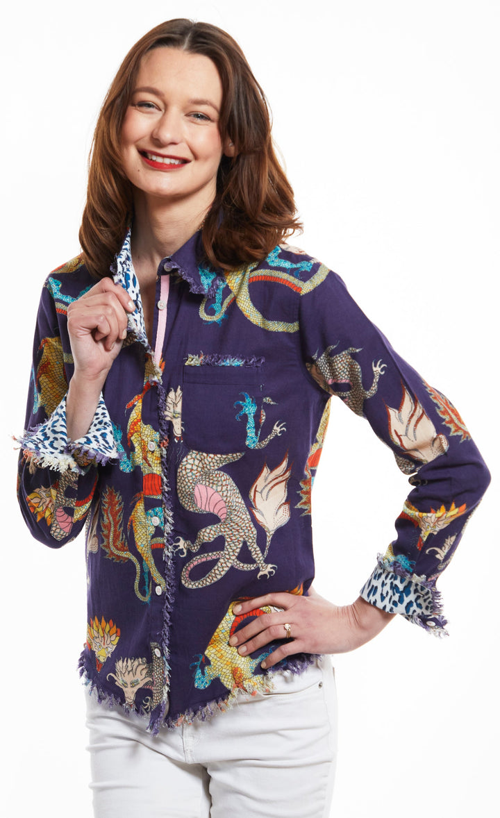 Dizzy-Lizzie Cape Cod Shirt With Dragons Print - Indigo