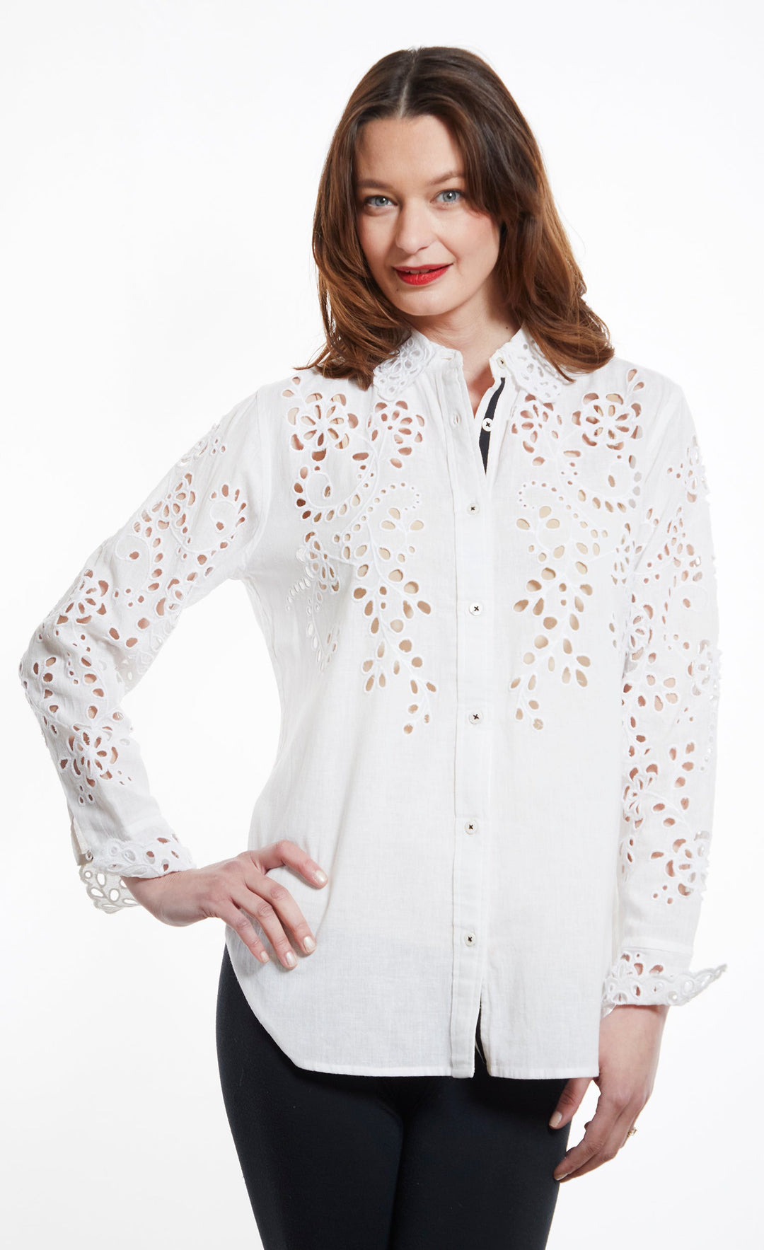 Dizzy-Lizzie Eyelet Shirt in White with long sleeves, point collar, rounded hem, and ribbon trim