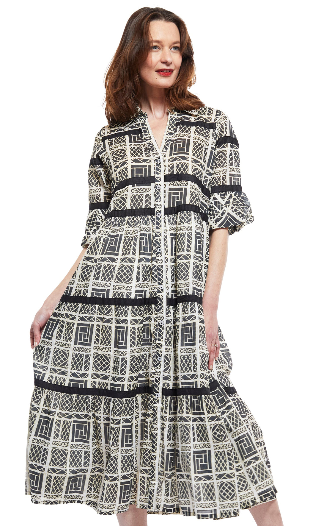 Dizzy-Lizzie Miami Style Midi With Black Ribbons & Black/White Wicker Print