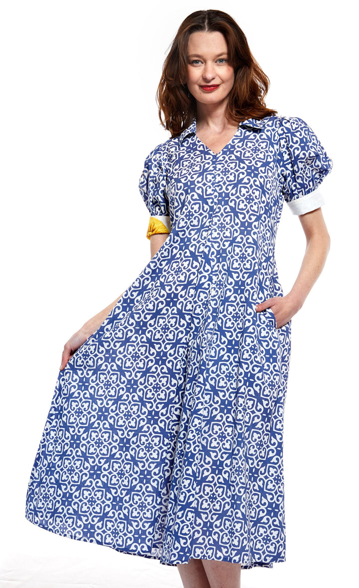 Montauk Dress in Blue with White Geometric Pattern