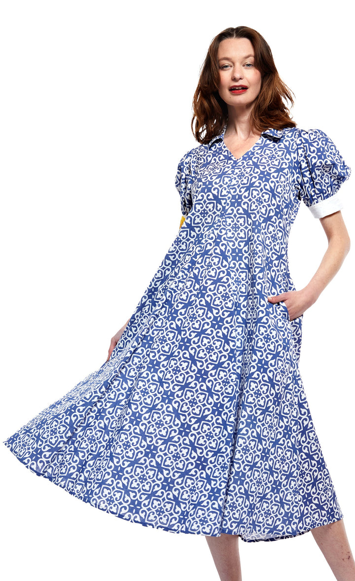 Montauk Dress in Blue with White Geometric Pattern