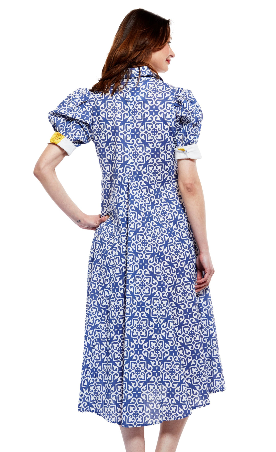 Montauk Dress in Blue with White Geometric Pattern