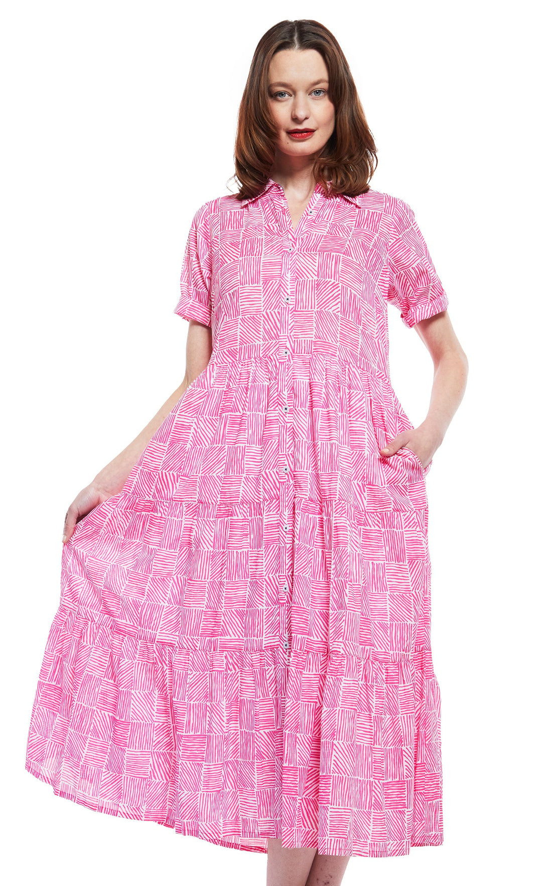 Dizzy-Lizzie Palm Desert Long Dress - Fuschia And White Criss Cross Pattern