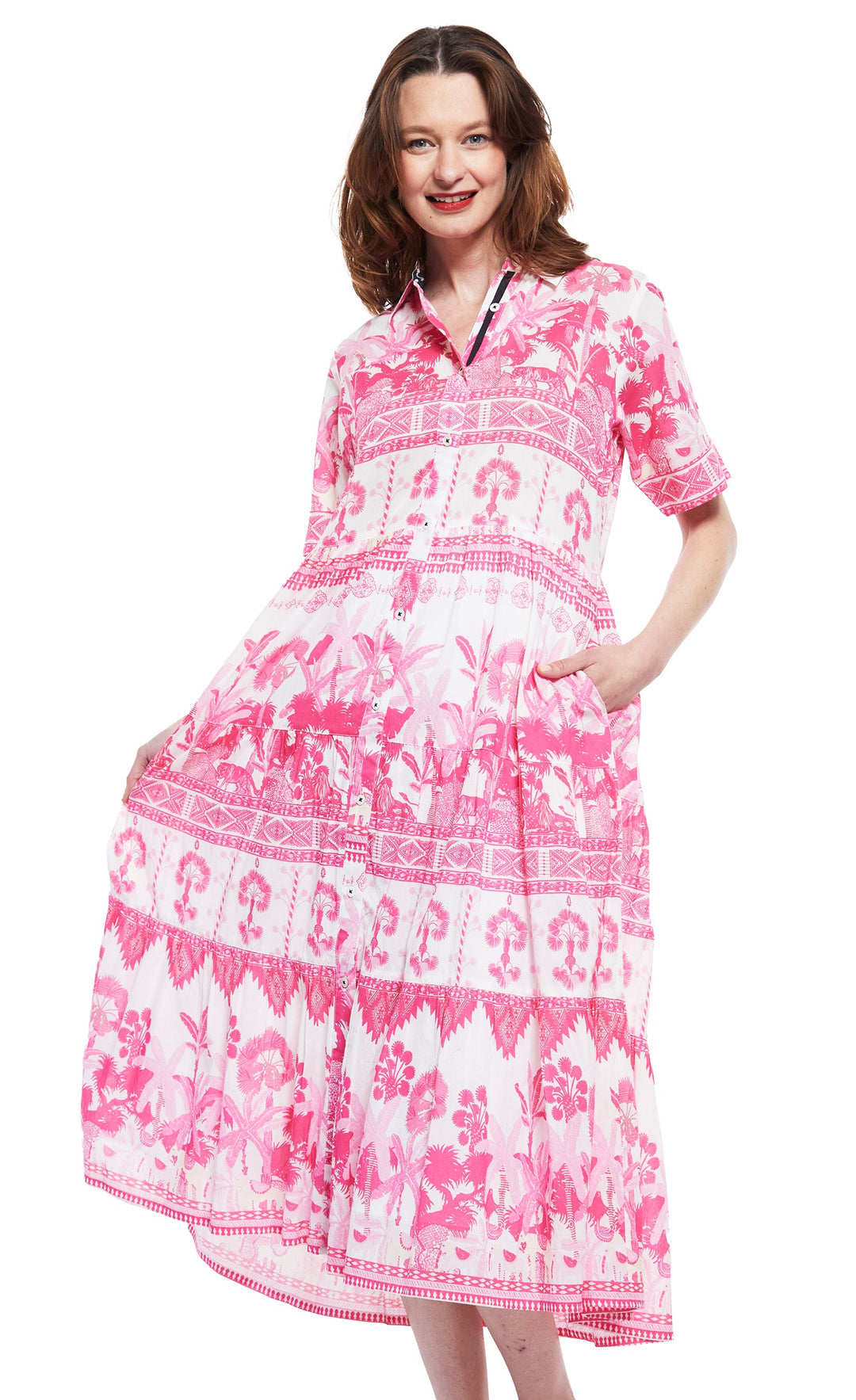 Dizzy-Lizzie Palm Desert Long Dress - Pink Ikat Print