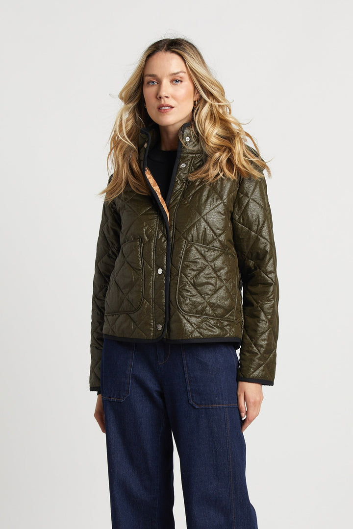 Adroit Atelier Shelby Short Quilted Hooded Jacket in Army Green available at Barbara Katz