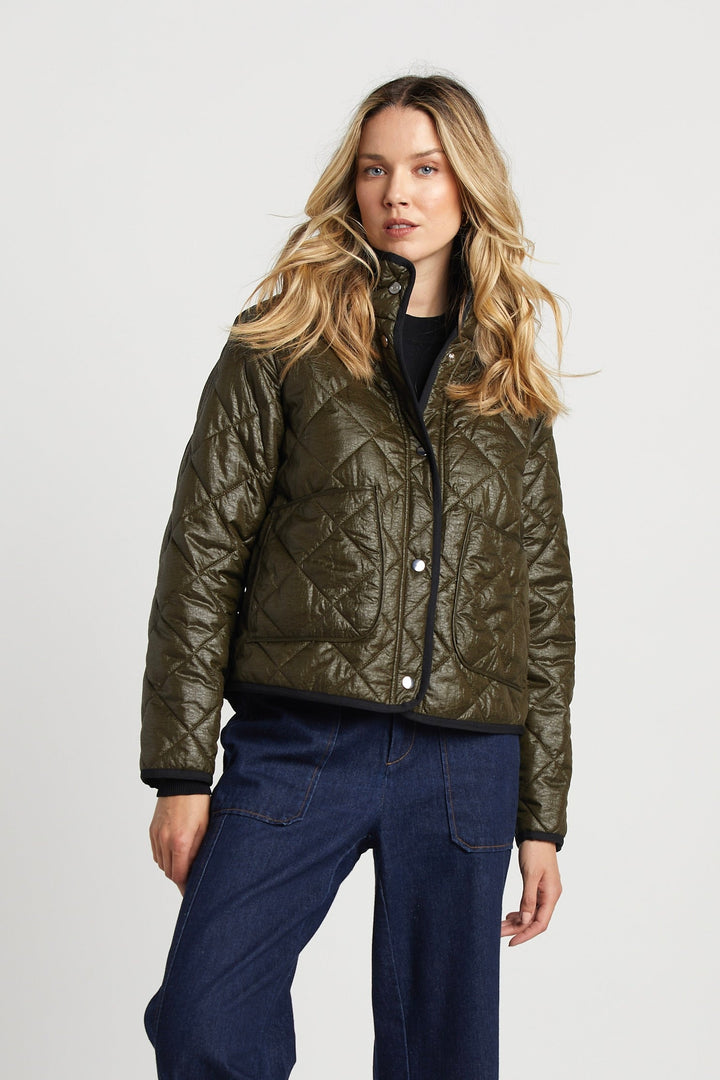 Adroit Atelier Shelby Short Quilted Hooded Jacket in Army Green available at Barbara Katz