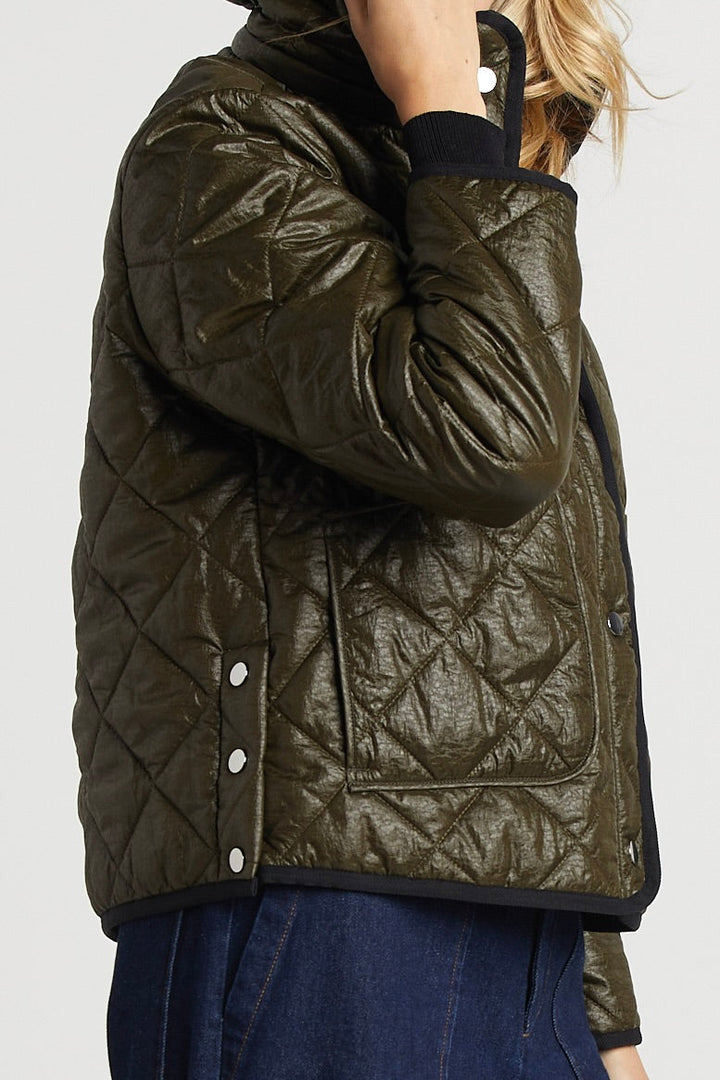 Adroit Atelier Shelby Short Quilted Hooded Jacket in Army Green available at Barbara Katz