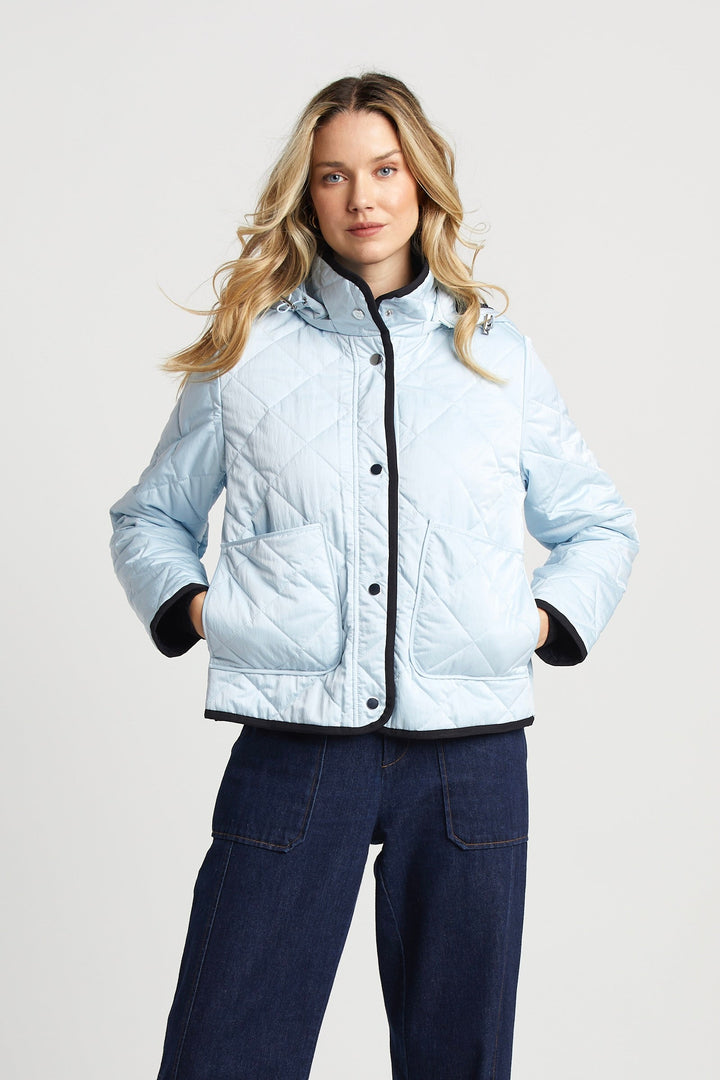 Adroit Atelier Shelby Short Quilted Hooded Jacket in Ice Blue available at Barbara Katz