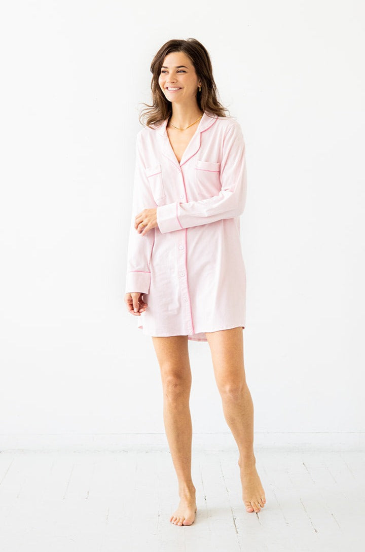 Salua Classic Luxury Sleep Shirt in Brushed Pima Cotton - Light Pink