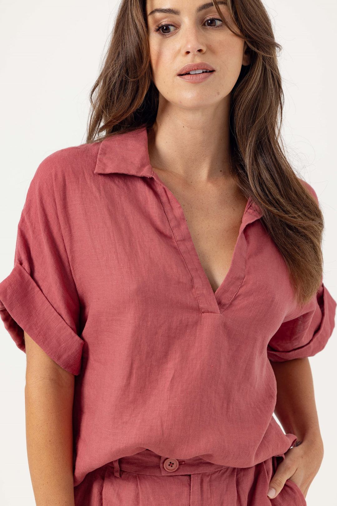 Sundays Vera Split Neck Top - Terracotta