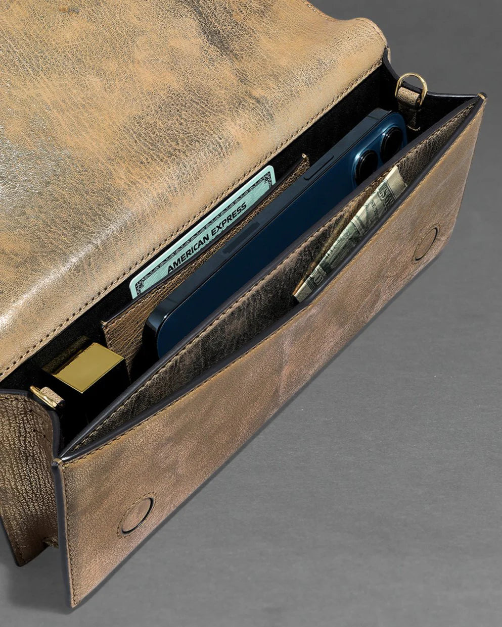 Alexis Bittar Twisted Gold Side Handle Clutch Bag in Antique Gold available at Barbara Katz