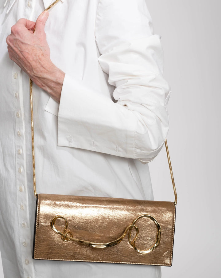 Alexis Bittar Twisted Gold Side Handle Clutch Crossbody Bag in Antique Gold available at Barbara Katz