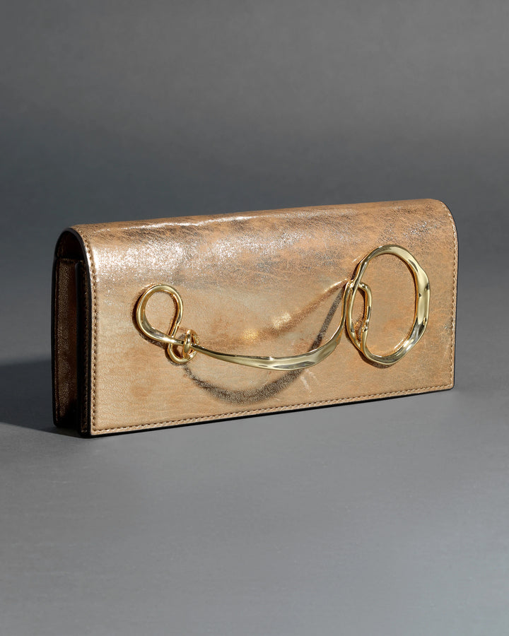 Alexis Bittar Twisted Gold Side Handle Clutch Bag in Antique Gold Leather available at Barbara Katz