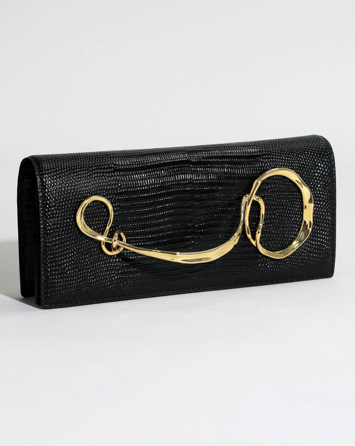 Alexis Bittar Twisted Gold Side Handle Clutch Purse in Black available at Barbara Katz