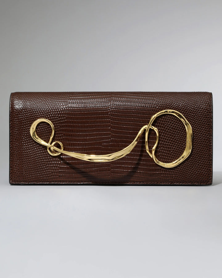 Alexis Bittar Twisted Gold Side Handle Clutch Purse in Chocolate Leather available at Barbara Katz