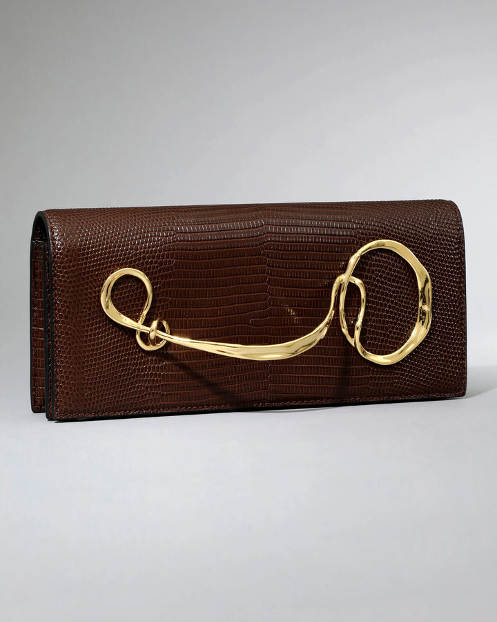 Alexis Bittar Twisted Gold Side Handle Clutch Purse in Chocolate available at Barbara Katz