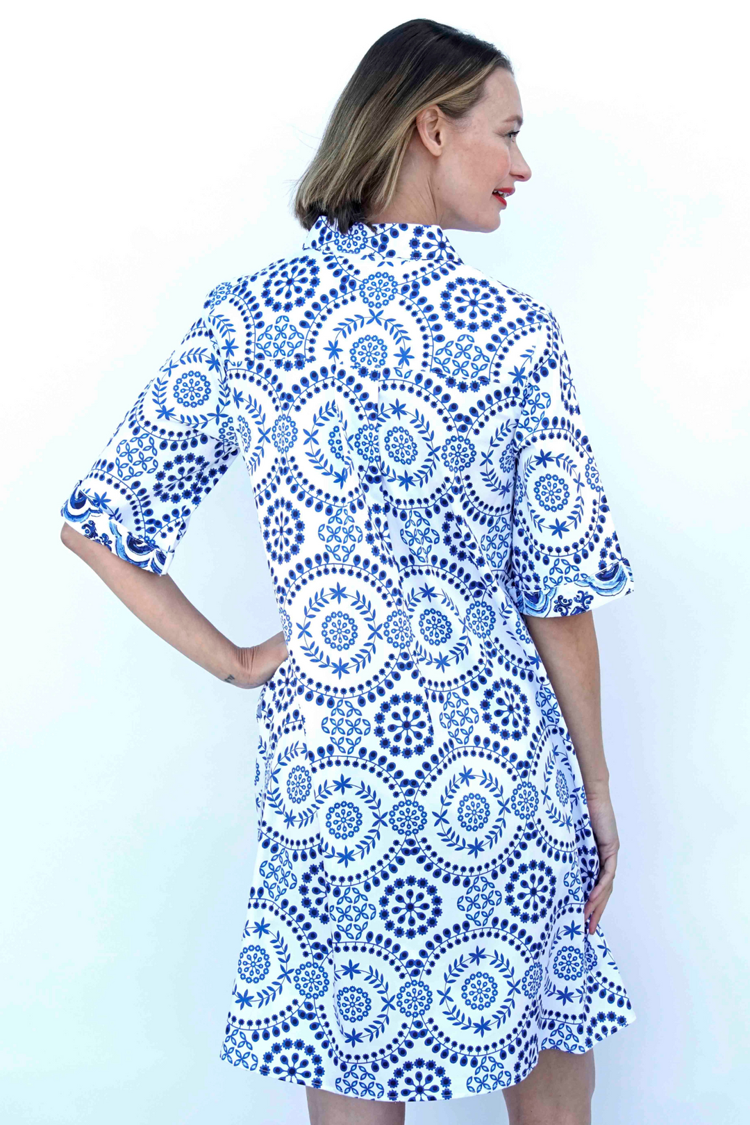 Dizzy-Lizzie Monterey Dress - Blue White Americana Print available at Barbara Katz