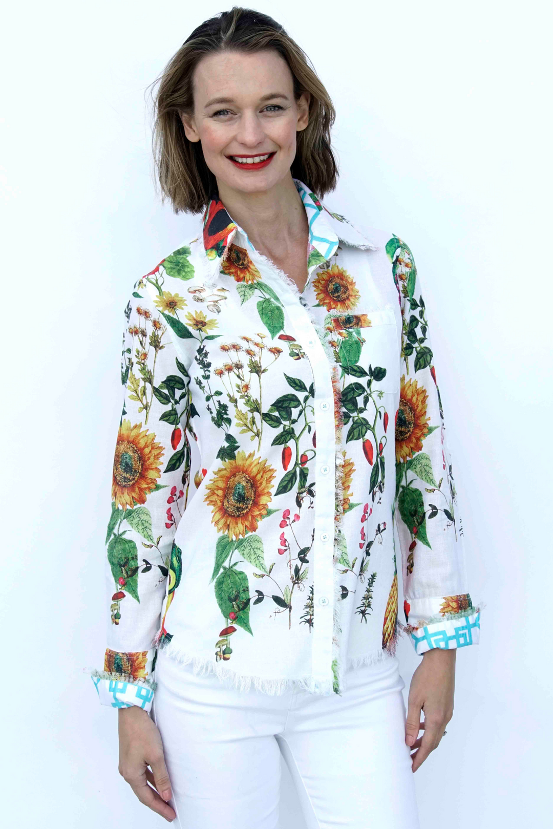 Dizzy-Lizzie Cape Cod Frayed Shirt - Sunflower Print available at Barbara Katz