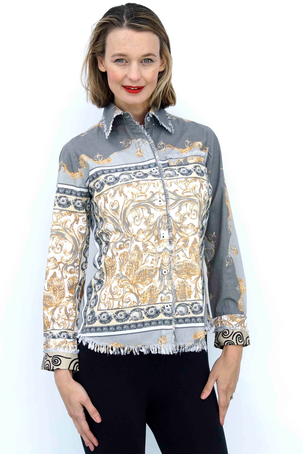 Dizzy-Lizzie Cape Cod Frayed Shirt - Grey Filigree Print available at Barbara Katz