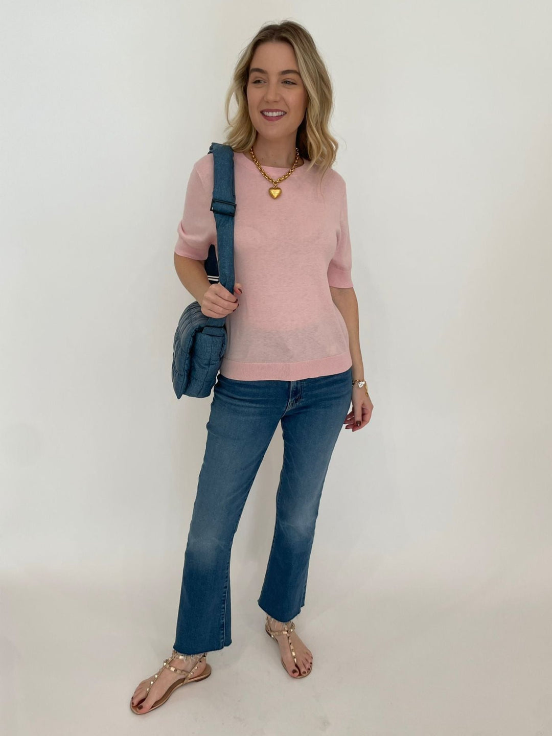 Whisper by Brodie Lucy Crew Neck Tee in Rose Petal with Elizabeth Cole Mallory Necklace and Vee Collective Porter Messenger Bag in Denim available at Barbara Katz