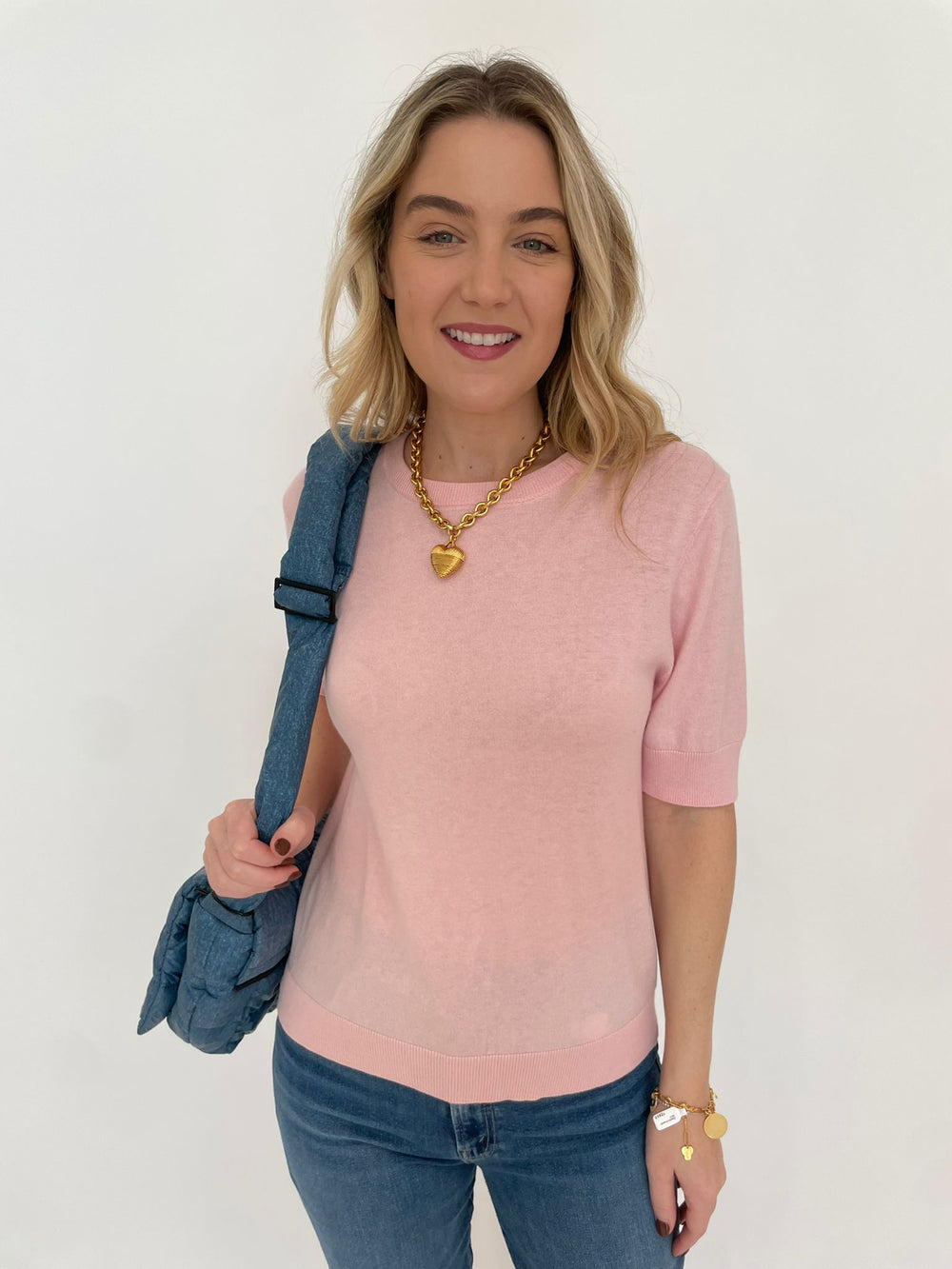 Whisper by Brodie Lucy Crew Neck Tee in Rose Petal with Elizabeth Cole Mallory Necklace and Vee Collective Porter Messenger Bag in Denim available at Barbara Katz