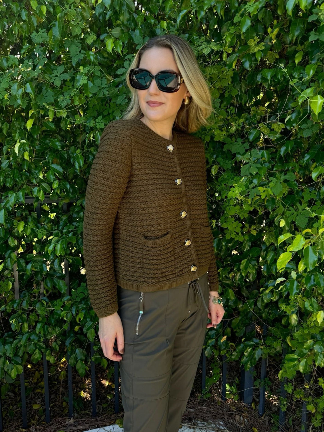 Ba&sh Gaspard Long Sleeve Knit Cardigan in Kaki paired with Raffaello Rossi Candy Pants in Olive available at Barbara Katz