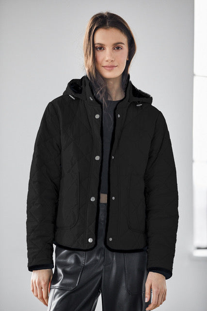 Adroit Atelier Shelby Short Quilted Hooded Jacket in Black available at Barbara Katz