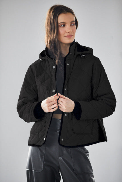 Adroit Atelier Shelby Short Quilted Hooded Jacket in Black available at Barbara Katz