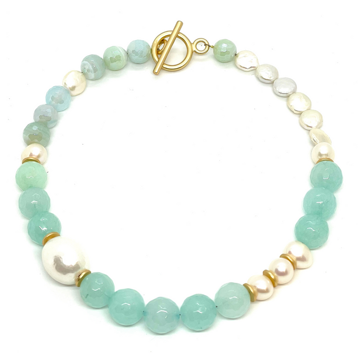 Deborah Grivas Aqua Quartz, Cotton Pearl, Freshwater Coin Pearl, And Matte Gold Disk Toggle Necklace