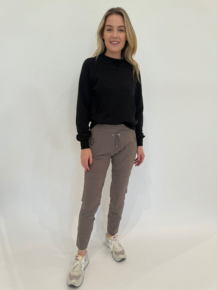 BK Fiona Long Sleeve Crew Neck Sweatshirt in Black paired with Raffaello Rossi Candy Pants in Taupe available at Barbara Katz