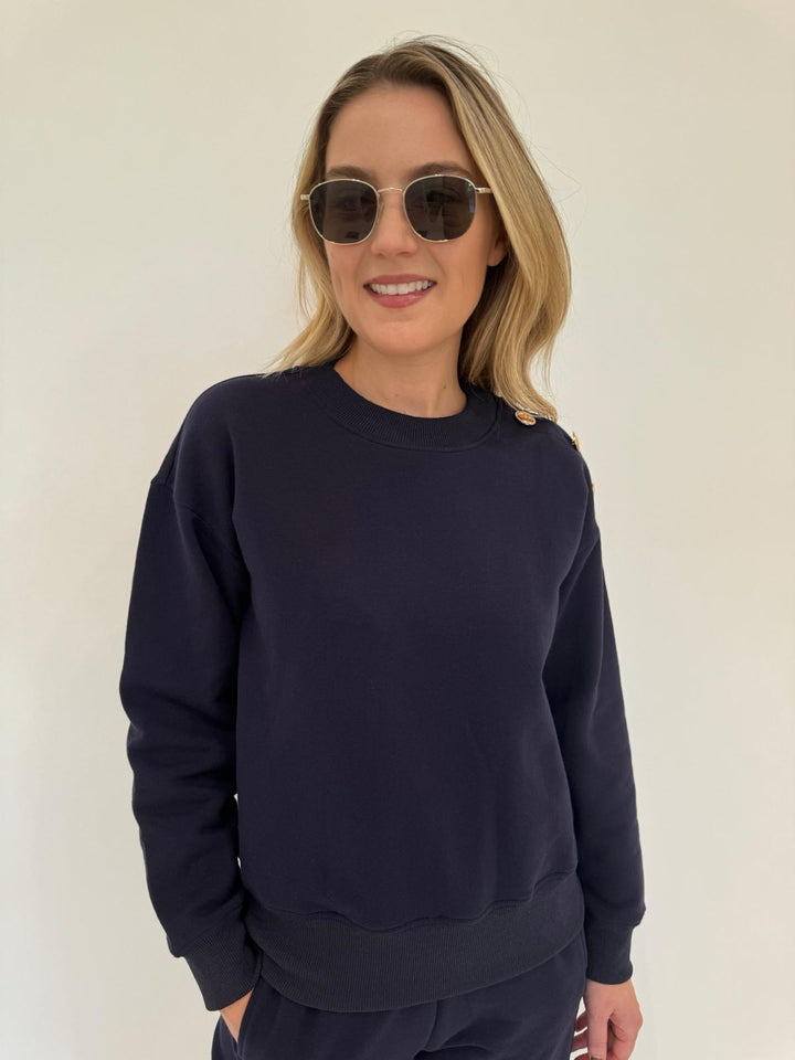 Generation Love Cambria Sweatshirt in French Navy with Le Specs Neptune Deux Sunglasses available at Barbara Katz