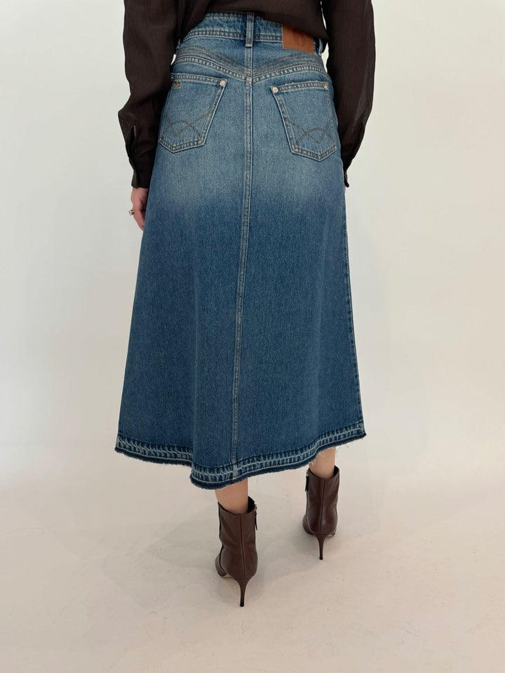 Ba&sh Valentia Denim Midi Skirt in Light Blue available at Barbara Katz