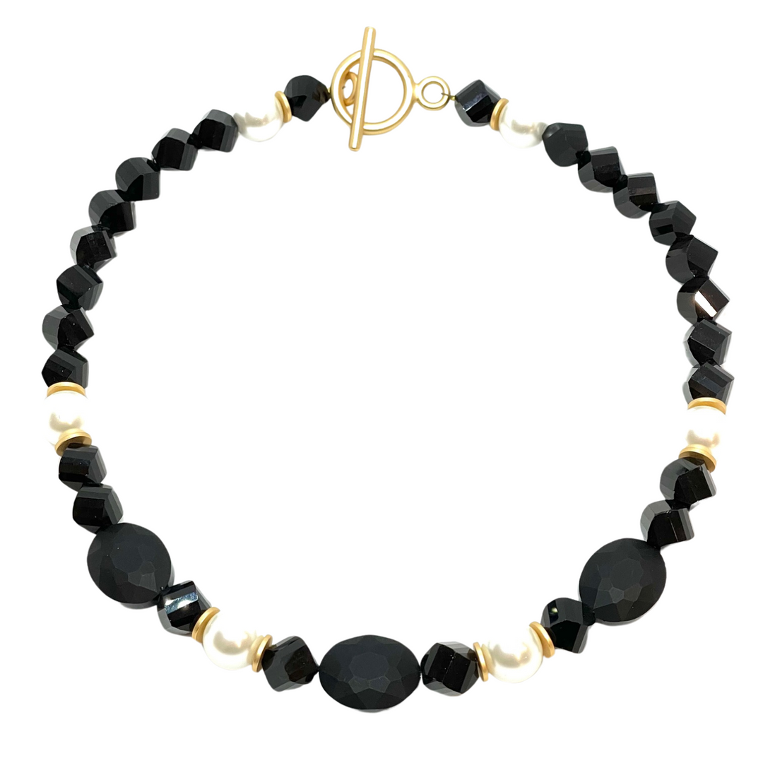 Deborah Grivas Matte Black Crystal, Pearl, and Black Crystal Beaded Necklace