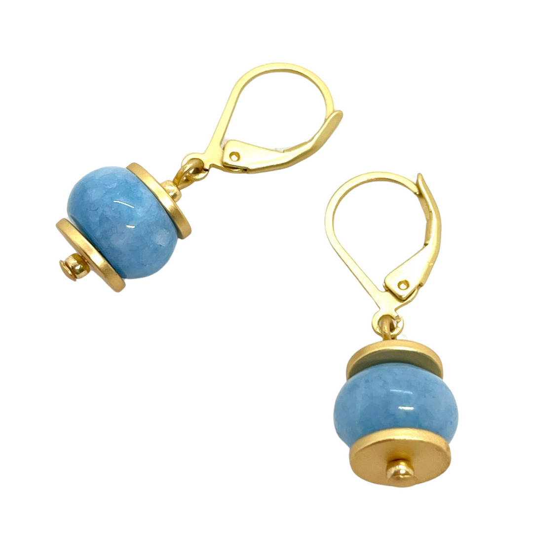 Deborah Grivas Blue Jade Rondelle Earrings With Matte Gold Saucer Accents