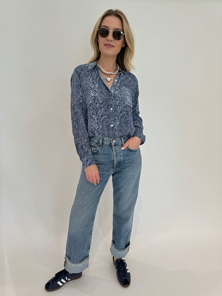 Rails Josephine Button Down Shirt in Navy Python paired with Agolde Fran Jeans