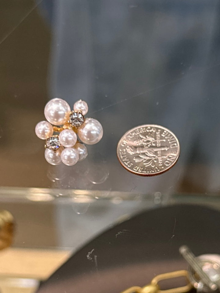 Barbara Katz Jewelry Celia Small Pearl Cluster Earrings in White/Gold - size comparison to a dime