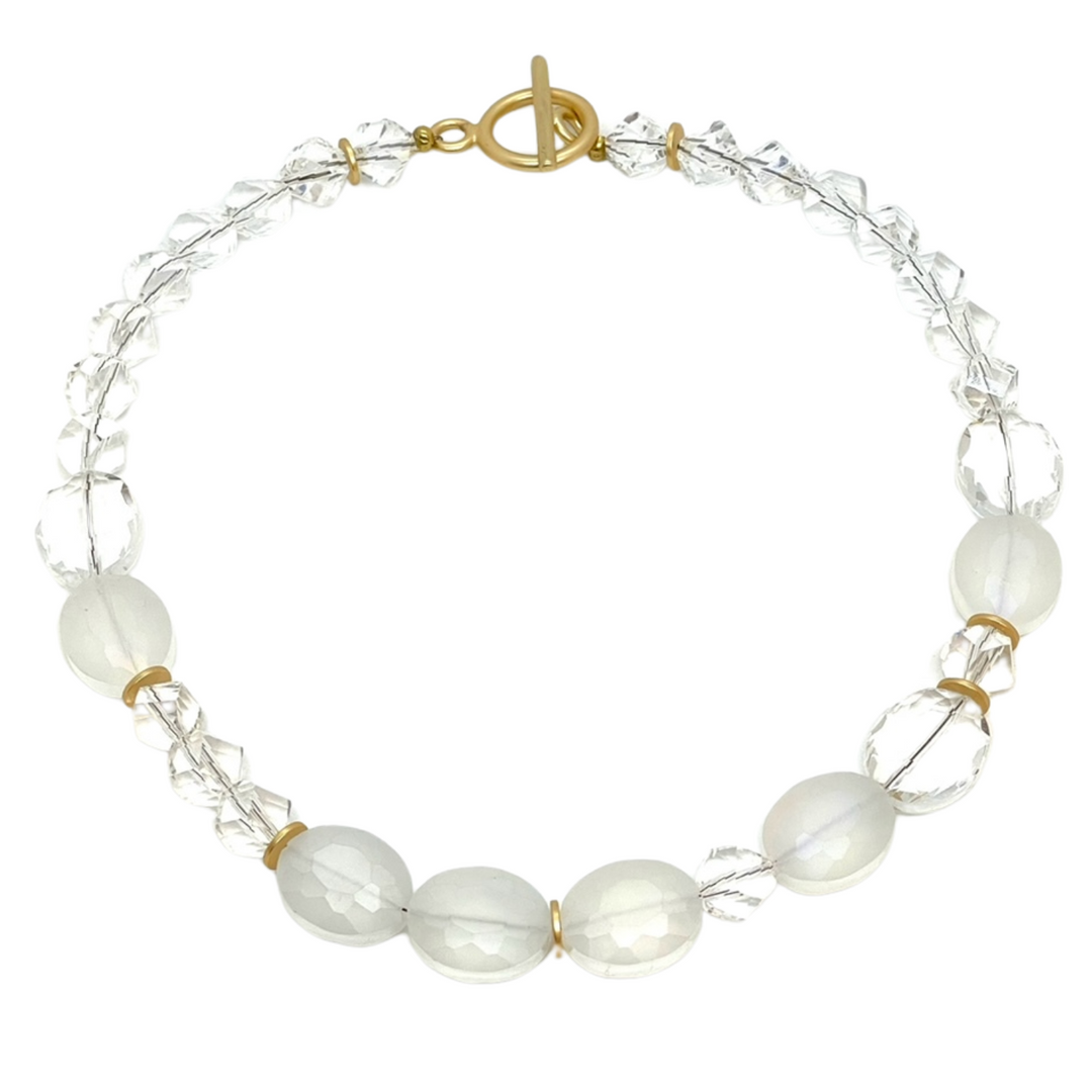 Deborah Grivas Matte White and Clear Crystal Beaded Necklace