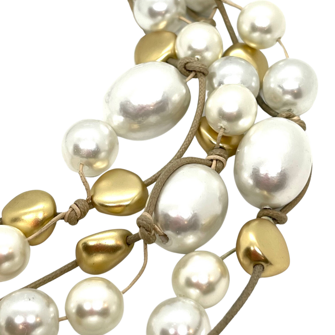 Deborah Grivas Cotton Pearl Matte Gold Natural Linen Torsade Necklace