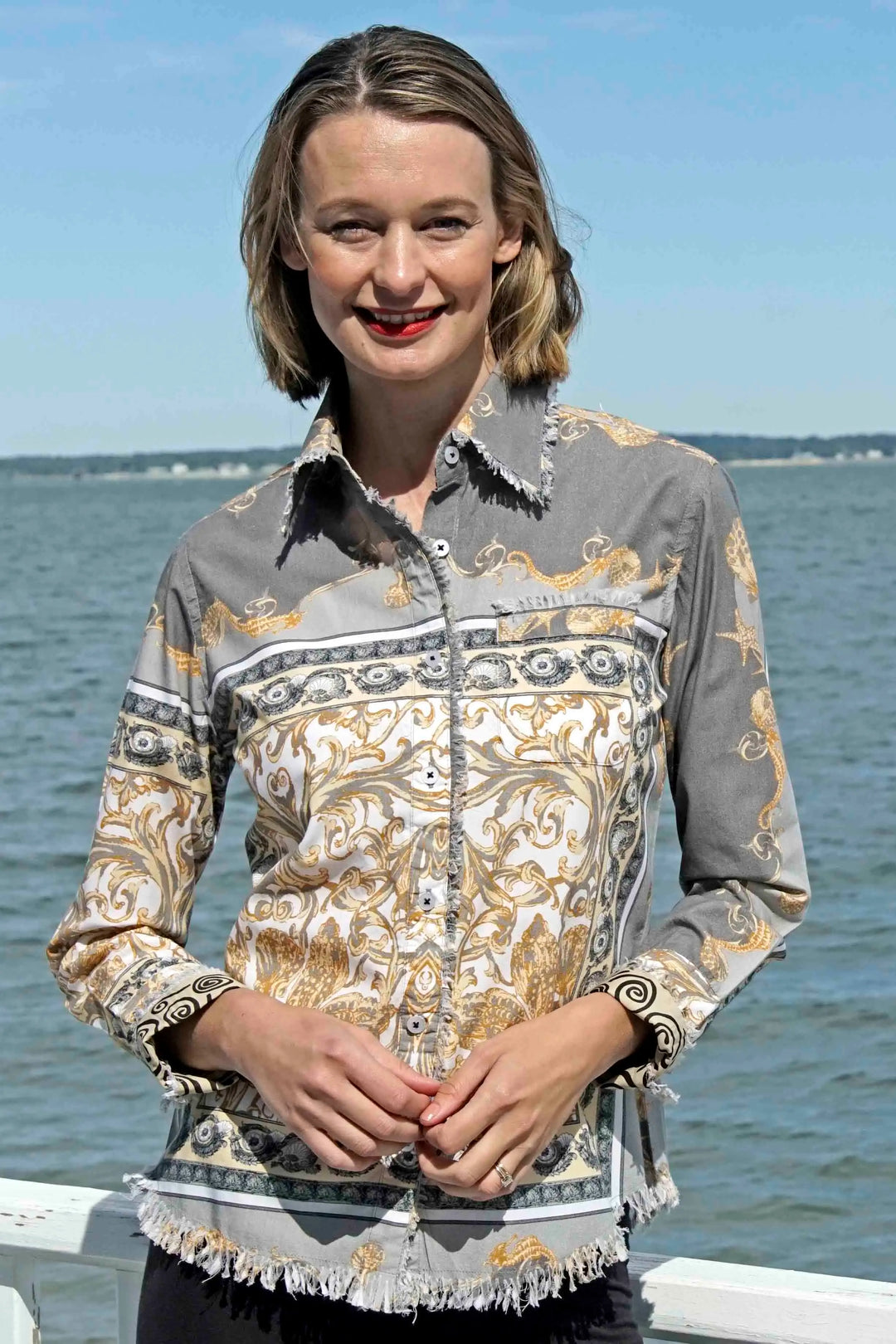 Dizzy-Lizzie Cape Cod Frayed Shirt - Grey Filigree Print available at Barbara Katz