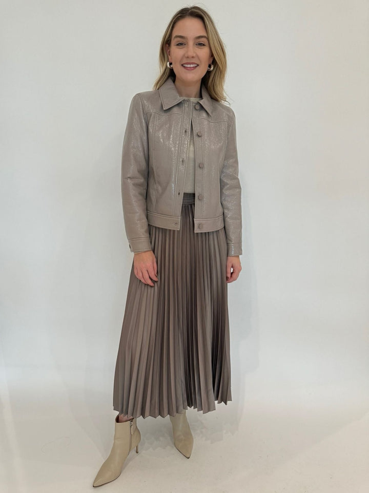 Marella Monochrome Leggio Jacket in Turtledove paired with Agente Pleated Skirt in Turtledove - all available at Barbara Katz