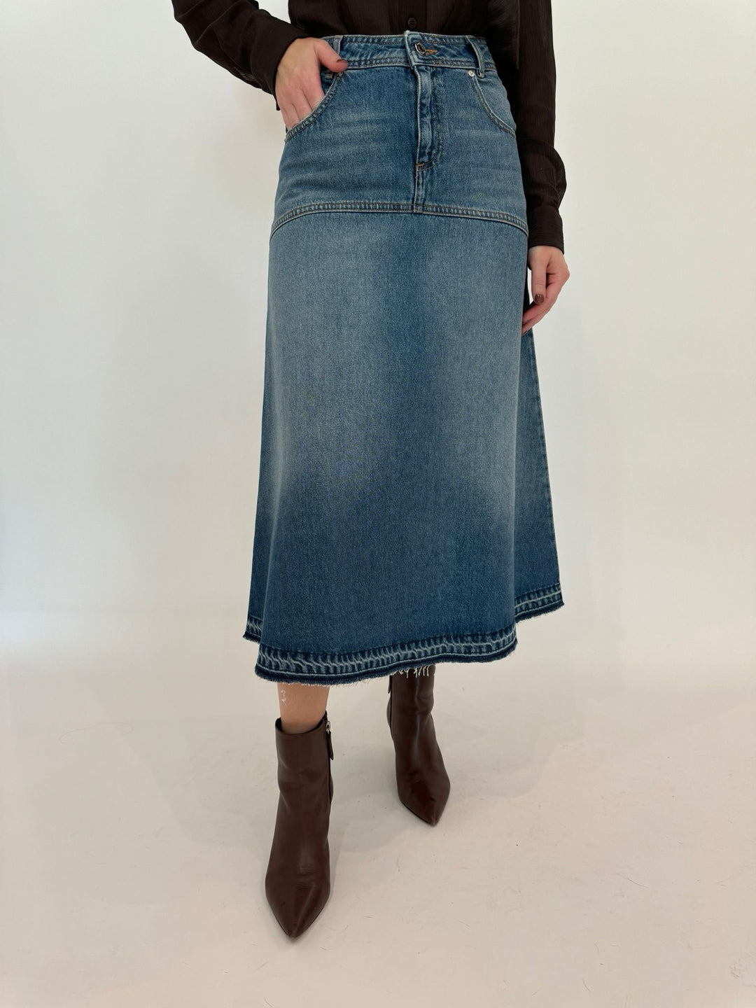 Ba&sh Valentia Denim Midi Skirt in Light Blue available at Barbara Katz