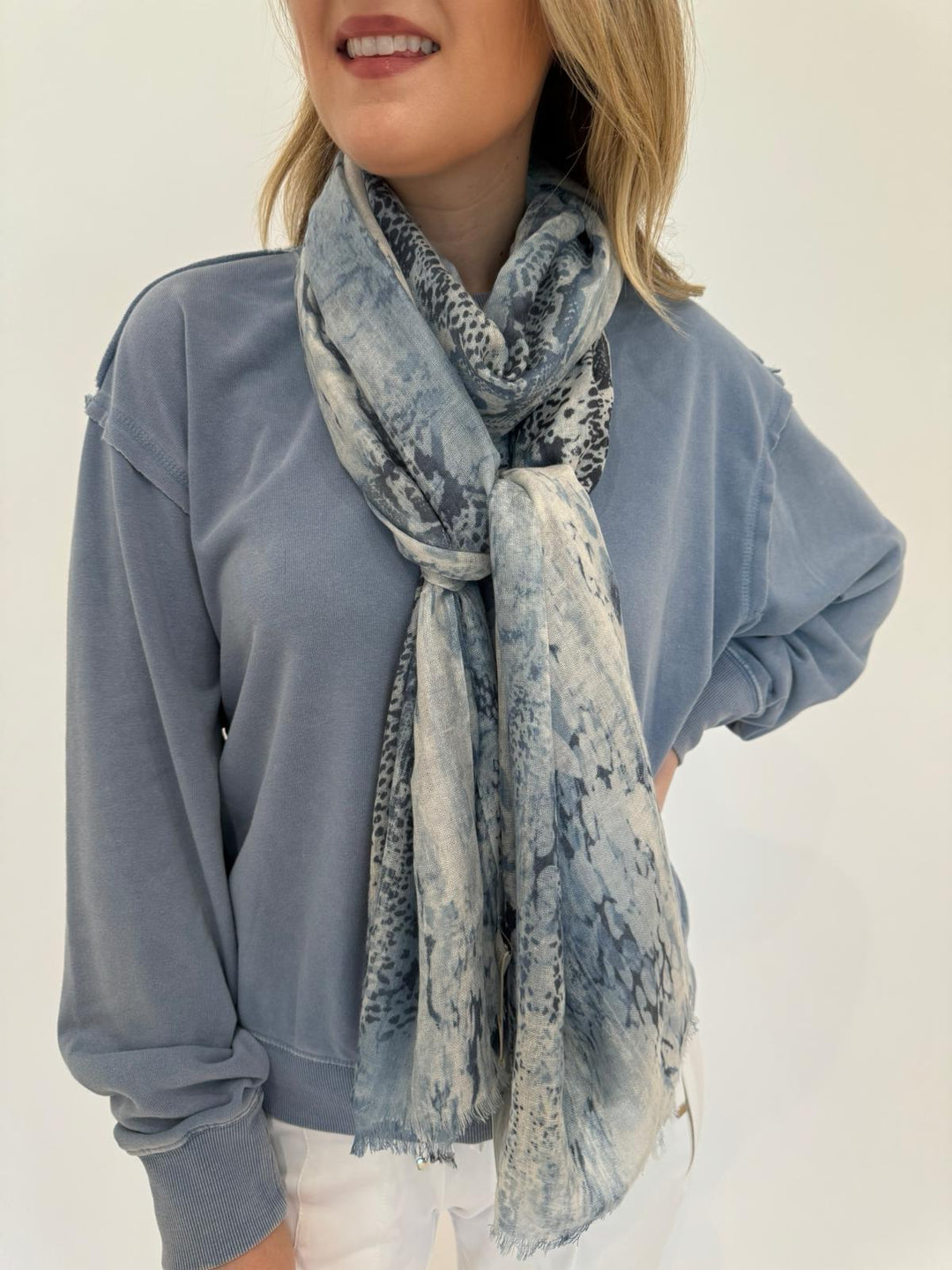 BK Clara Raw-Edge Sweatshirt in Gray Blue with Kinross Python Print Scarf in Como Multi available at Barbara Katz