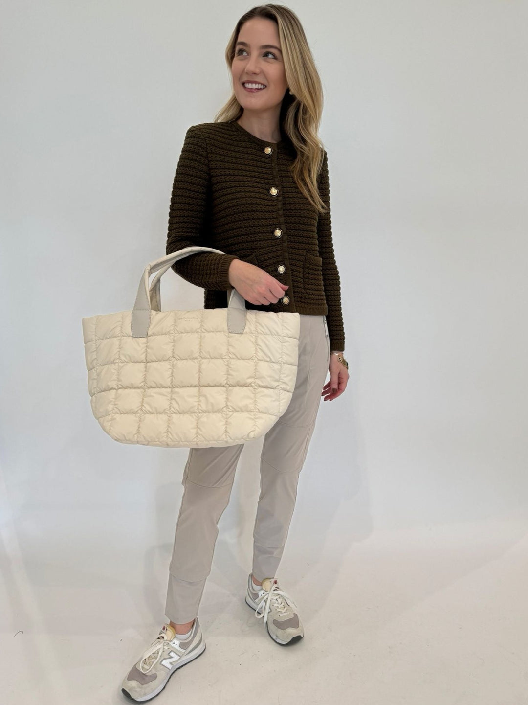 Ba&sh Gaspard Cardigan in Chocolate paired with Raffaello Rossi Candy Pants in Kalk, Vee Collective Porter Medium Tote Bag in Birch available at Barbara Katz