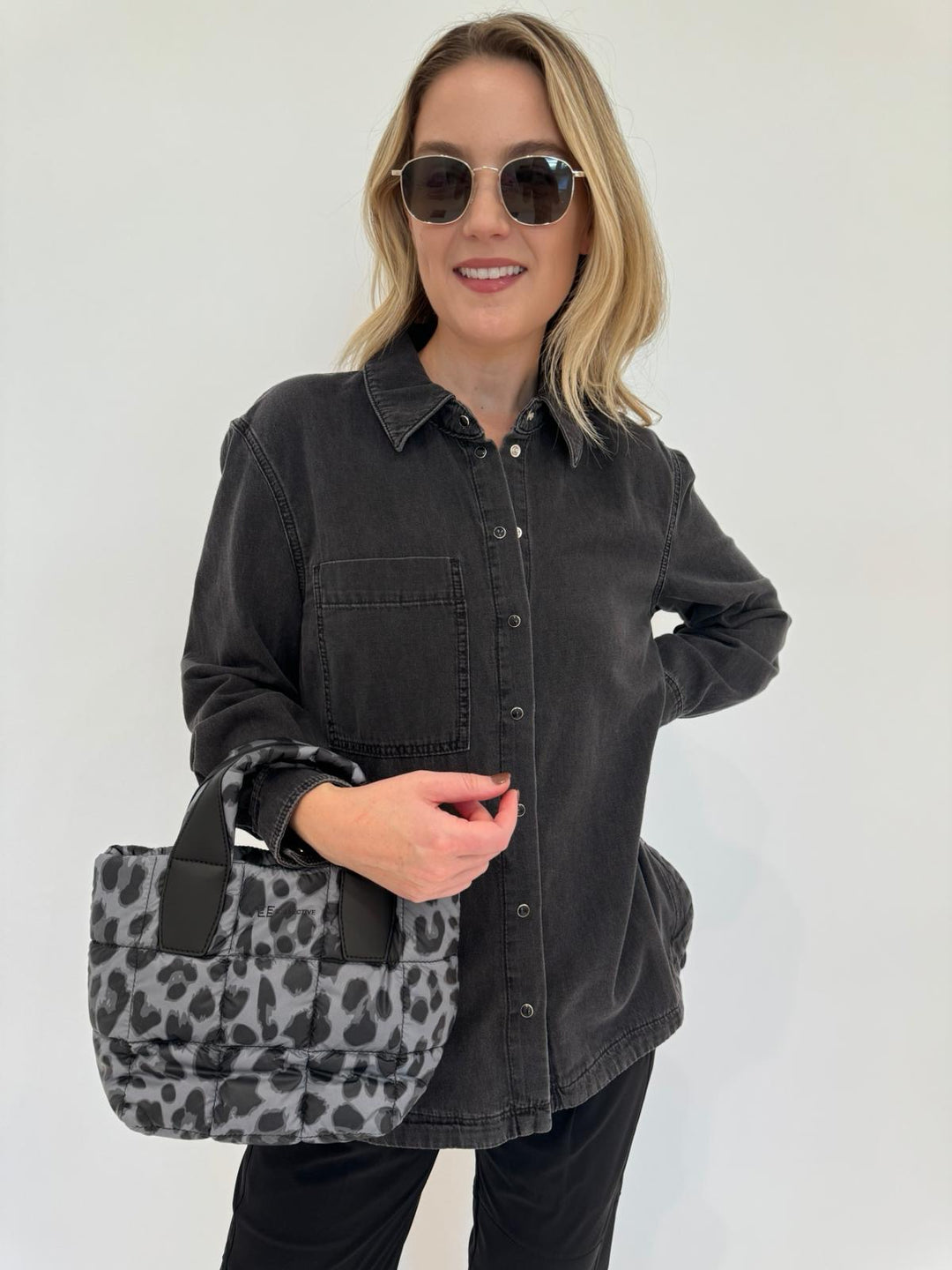 Ba&sh Lexa Shirt in Blackstone with Le Specs Neptune Deux Sunglasses , Vee Collective Porter Mini Tote Bag in Grey Leopard available at Barbara Katz