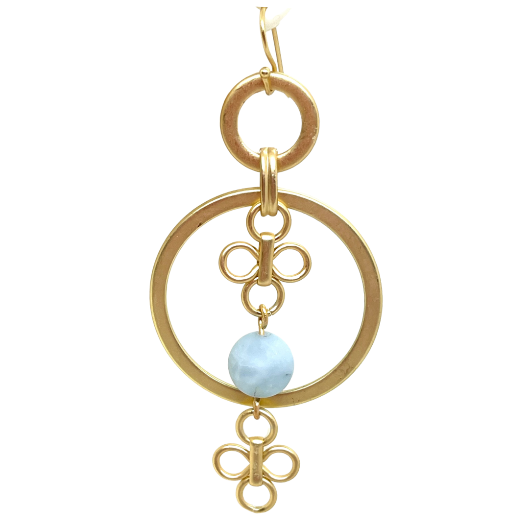 Deborah Grivas Matte Gold Hoop Earrings With Aquamarine and Two Clover Charms