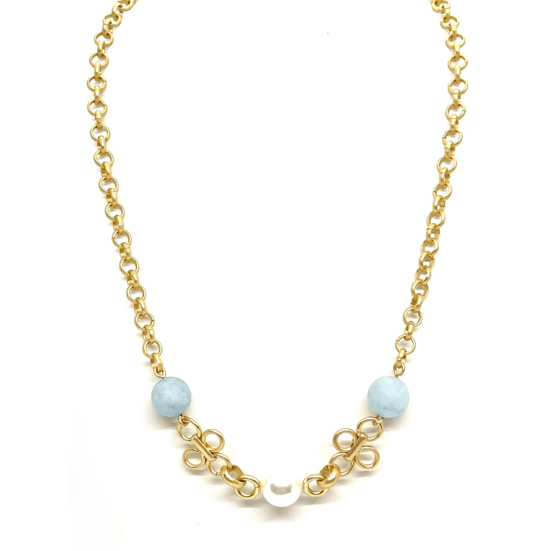 Deborah Grivas Pearl and Aquamarine Chain Necklace With Clover Accents