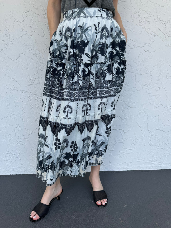 Dizzy Lizzie Woodstock Midi Skirt M606 in Grey Ikat Print, 100% cotton, pull-on style with elastic waistband, side pockets